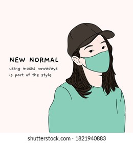 Young women wear hats and face masks. New normal lifestyle. Vector illustration.