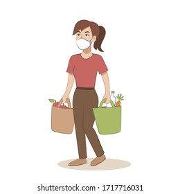 A young women is wearing a facial masks, goes shopping/comes from the grocery store – shopping bags/grocery bags with vegetables, apples, carrots –  Coronavirus covid-19 pandemic prevention – isolated