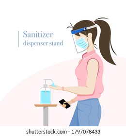 Young women wearing a mask and a face shield and cleaning a hand with disinfectant to prevent infection of Covid-19 virus. Vector illustration 