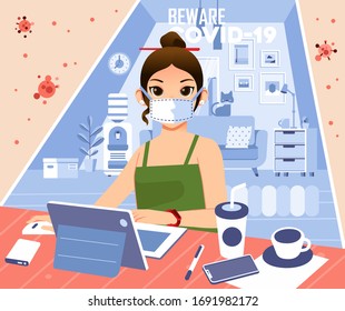 young women wearing mask and working from home to avoid corona virus spreading. used for social media poster, landing page and other. 