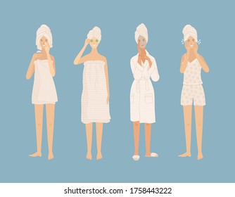 Young women wearing towel, pajama, and bathrobe take care of their skin. Girls cleaning skin, washing, moisturizing, applying serum and beauty mask. Flat cartoon vector characters. Everyday routine