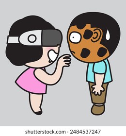 Young Women Wearing Virtual Reality Headset Pointing Hand At A Cookie Head Young Man Concept Card Character illustration