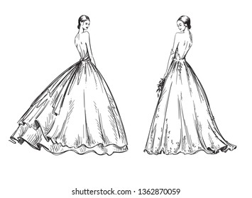 young women wearing wedding dresses. Bridal look fashion illustration