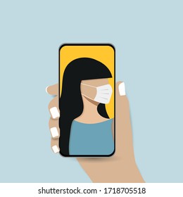 A young women wears medical mask takes a selfie and holds smartphone in his hand. Coronavirus. Epidemic and pandemic. Vector flat illustration.