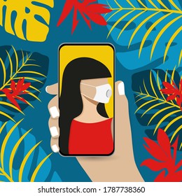 A young women wears medical mask takes a selfie and holds smartphone in his hand. Coronavirus. Epidemic and pandemic. Vector flat illustration.