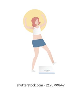 Young women weight Loss Success,happy about weight and shape body,Excited beside the scale,Vector illustration.