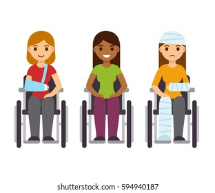 Young women in wheelchairs set, cartoon vector illustration. Injury and disability concept, rehabilitation from accident.