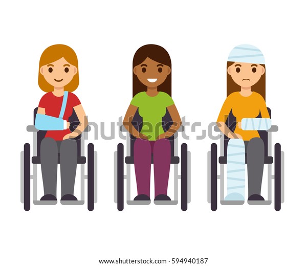 車椅子の若い女性セット 漫画のベクターイラスト けがと障害のコンセプト 事故によるリハビリ のベクター画像素材 ロイヤリティフリー
