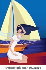 Young women in the white dress against the sea background