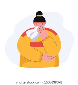 A young women wipes his nose with a handkerchief, he has a cold and a headache.