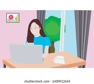 The young women work with laptop notebooks on the table beside the window