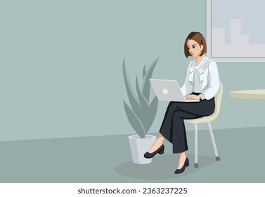 Young women at work. three scenes.characters set.Young women using Laptops, copy space.