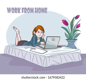 
Young women working from home. Pop art hand drawn style vector design illustrations. 