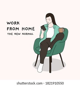 Young women working from home using smartphones and enjoying morning coffee sitting on a comfortable chair. New normal lifestyle. Hand-drawn vector illustration.