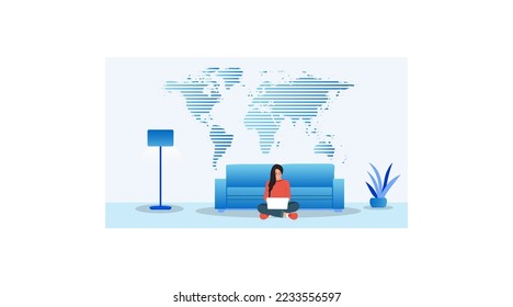 young women working  with laptop in smart living room. wall back ground world map .  sofa, lamp table .Home office concept