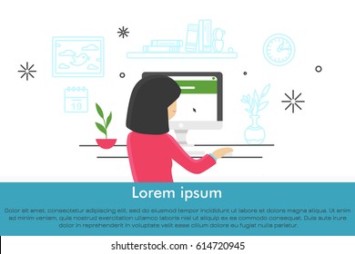 Young women at workplace. Modern cute vector illustration in flat style.
