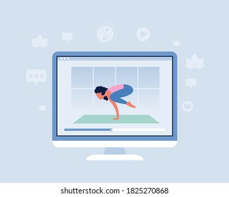 Young women in yoga poses. Online workout concept. Vector set in flat style
