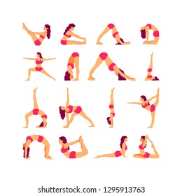 Young women in yoga poses. Vector set illustration