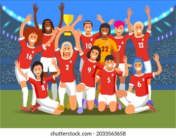 Young  Women's  Football Team With Winners Cup On Modern Stadium Background. Mixed Race Women  Celebrating.Football Academy.