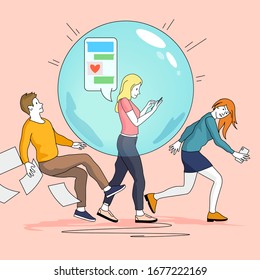 A young womens social bubble pushing and knocking other people out of the way. People concept vector illustration.