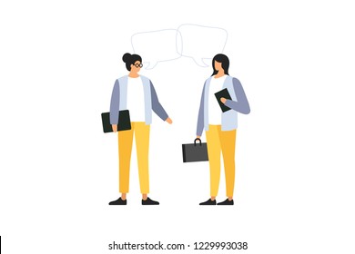 Young womens talk to each other, discuss news, social networks. People with dialogue speech bubbles on light background. Concept of communication. Meeting business people. Vector flat illustration.