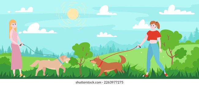 Young women's walking with dogs in the park, spring season. Вog breed labrador akita inu Outdoor activity, training concept.  Landscape with green grass meadow, trees, and forest silhouette