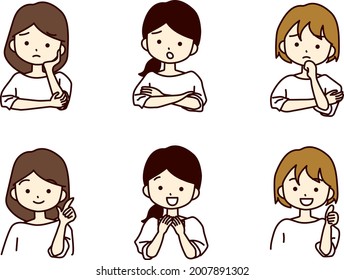 Young women's worries and happy facial expressions.
