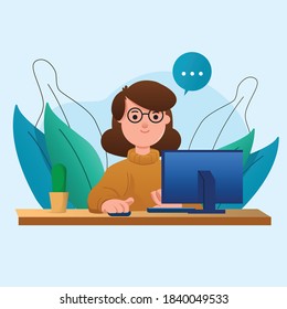 Mujeres jóvenes а en el trabajo desde casa, ilustración vectorial, se comunican en internet, sonriendo mientras trabajan en interiores, 
