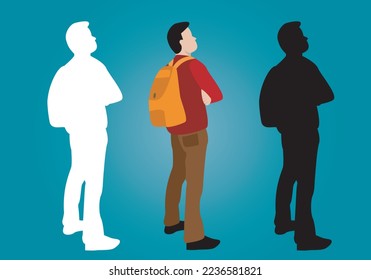 
Young worker with backpack looking up and his black and white silhouettes on blue gradient background