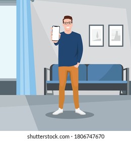 young worker or business man showing smartphone, man holding smartphone close up, flat vector design