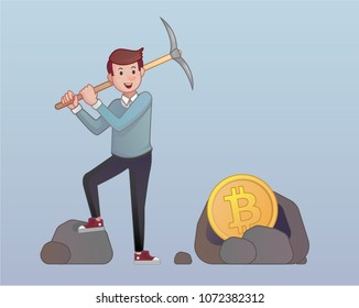 Young worker or businessman digging digital currency. Bitcoin mining. Flat vector illustration