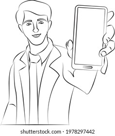 young worker or businessman showing smartphone, the man holding smartphone close up, flat vector design