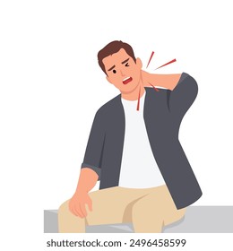 Young worker or businessman touches his neck because he feels pain. Flat vector illustration isolated on white background