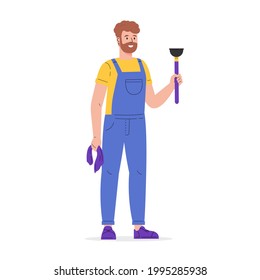 Young worker of cleaning service. A man dressed in a uniform with a plunger and a rag. Guy in overalls. Housekeeping staff. Flat vector cartoon illustration isolated on white background