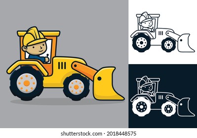 Un hombre usando casco de trabajo en un vehículo de construcción. Ilustración de dibujos animados en forma de icono plano