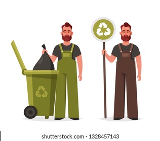 Young Worker with Ecology Sign and Trash Bag. Cartoon Style. Vector Illustration