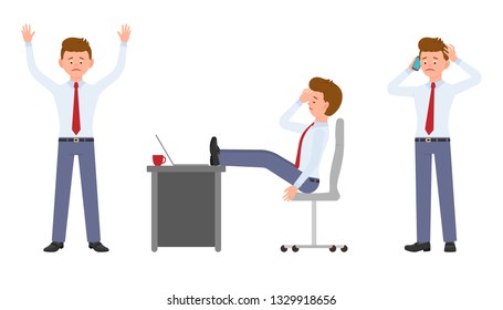 Young worker in formal wear standing with smartphone, sitting at the desk with headache. Cartoon character design of stressed, upset, sad, tired, disappointed office man at work concept