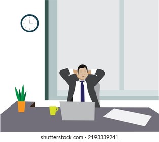 Junge Arbeiter, die nach dem Lösen der Aufgabe Pause und Ruhe haben. Zeichendesign-Illustration