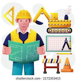 Young worker man wearing helmet, gloves glasses and Builder protection clothing PPE standing with Construction road equipment and Machines in cartoon character, vector illustration