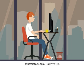 young worker near the computer a vector illustration