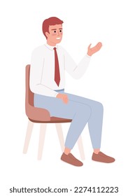 Young worker on chair with cheerful smile semi flat color vector character. Editable figure. Full body person on white. Simple cartoon style spot illustration for web graphic design and animation