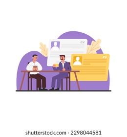 Joven trabajador sentada en el cargo frente a un empleado de recursos humanos, sosteniendo currículum y hablando. Concepto de pasar una entrevista en el cargo, contratar un nuevo empleado. Ilustración vectorial en diseño plano