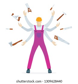 Young worker with six hands and different woodworking tools. Multitasking concept illustration.