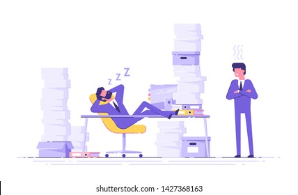 Young worker sleeping behind his desk during working hours while angry boss is standing near by. Lazy manager, staff reduced productivity and procrastination. Vector illustration.