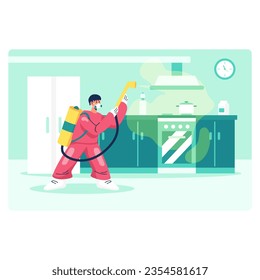 Un joven trabajador con pulverizador desinfecta la cocina con agentes antimicrobianos. Concepto de desinfección, limpieza y prevención. Ilustración vectorial plana en estilo de dibujos animados en colores verdes