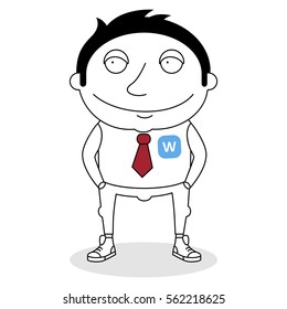 Young worker standing with hands in pockets. Vector illustration isolated on white background.