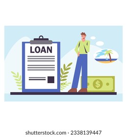 Young worker standing near clipboard with document, thinking about loan for travel. Travel aboard concept. Bank-provided funding for credit and loan. Flat vector illustration