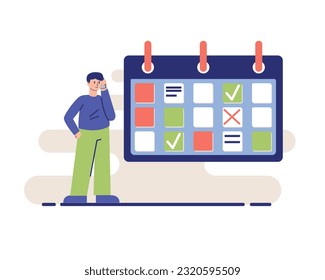 Joven trabajador hablando por teléfono móvil, parado cerca de un gran calendario. Programación de tareas y eventos. Administración de tiempo correcta. Ilustración vectorial plana en colores azul y verde