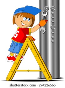 Young worker tightening the screws, vector