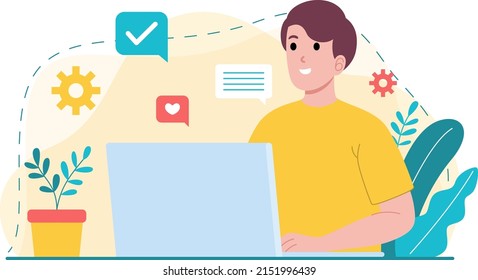 young worker use computer and internet during working at home, communication network in cartoon character style, design flat illustration